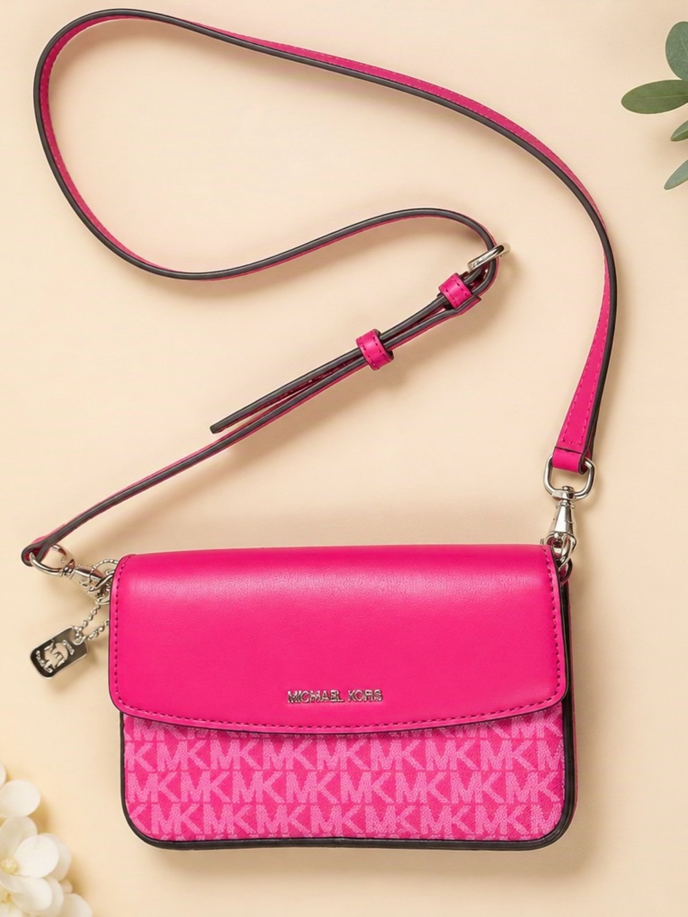 NWOT Michael Kors Pink MK Signature Flap Crossbody + MK Charm
